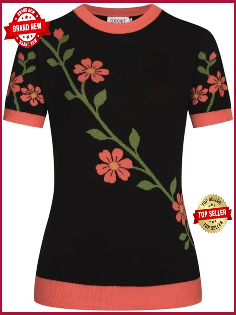 Vintage Floral Knit Short Sleeve T-Shirt Crewneck Cotton Summer Top